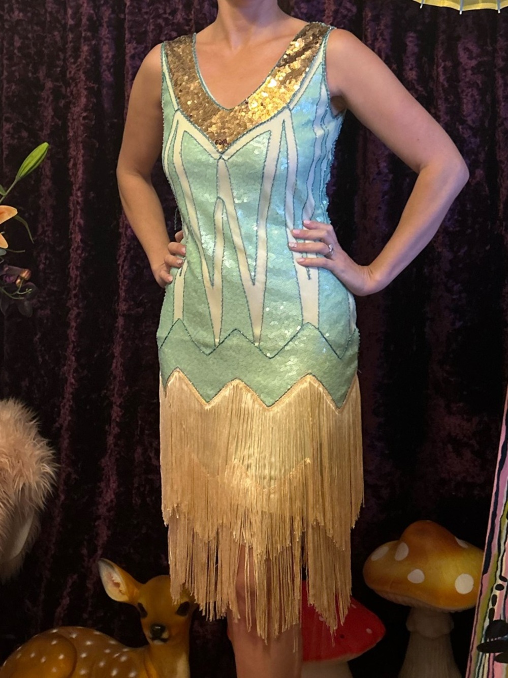 Aqua and Gold Fringe Flapper Dress